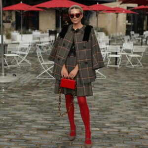 Halogen x Atlantic Pacific Glen Plaid Pea Coat Bell Sleeve Tan/Black Size Medium